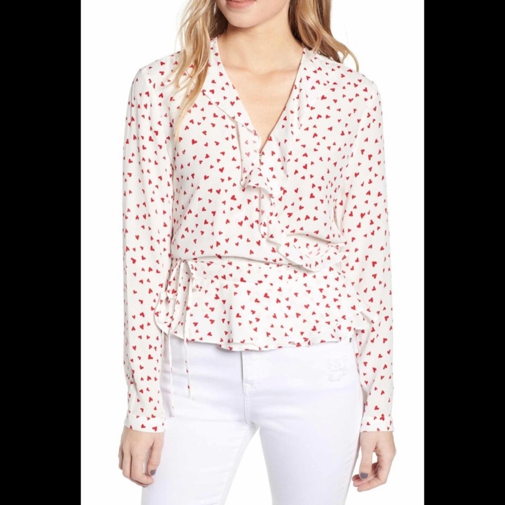 RAILS Simone Heart Print ruffle wrap blouse long sleeve top